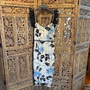 Cream Midi Dress with Blue and Black Floral Embroidery and Ruffled Black Straps